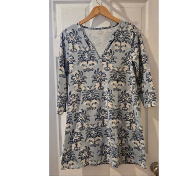 Spartina 449 Jillian Split Neck Dress Palms Blue Small Peruvian Cotton A-Line - Picture 3 of 9